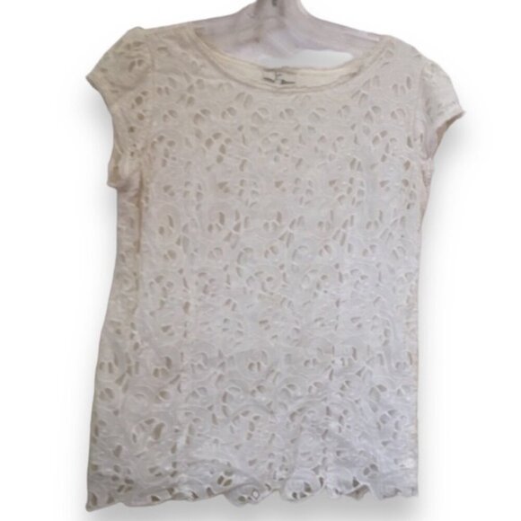 Joie Tops - Joie Eyelet Lace Shirt Short Sleeve Crew Top Blouse Neutral White Lined Sheer S